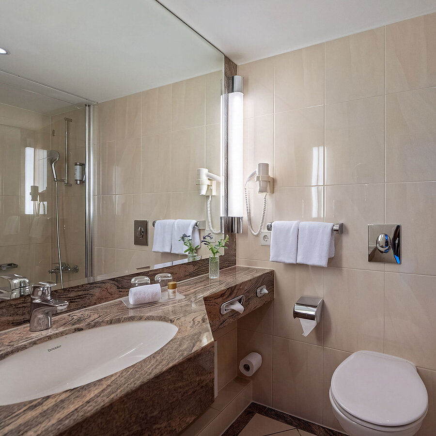 Bathroom with bathtub, washbasin, toilet and large mirror