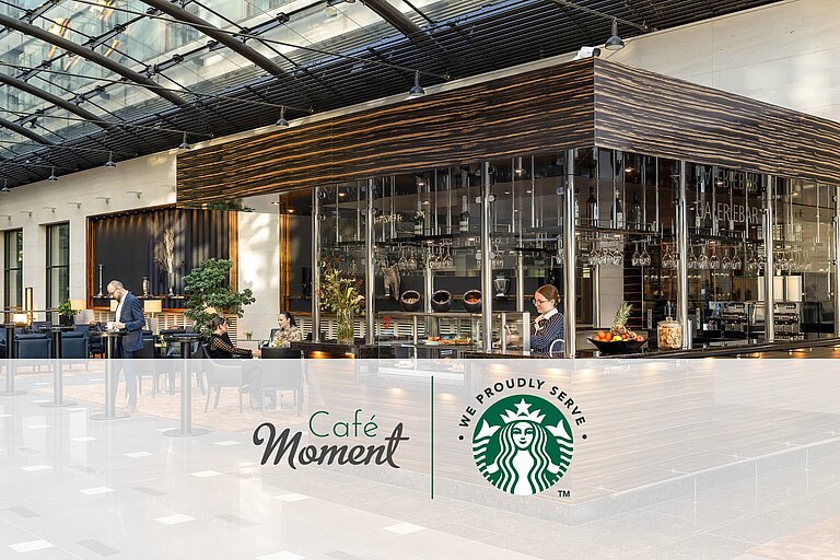 Café Moment Café Moment with modern counter, seating area and Starbucks coffee selection