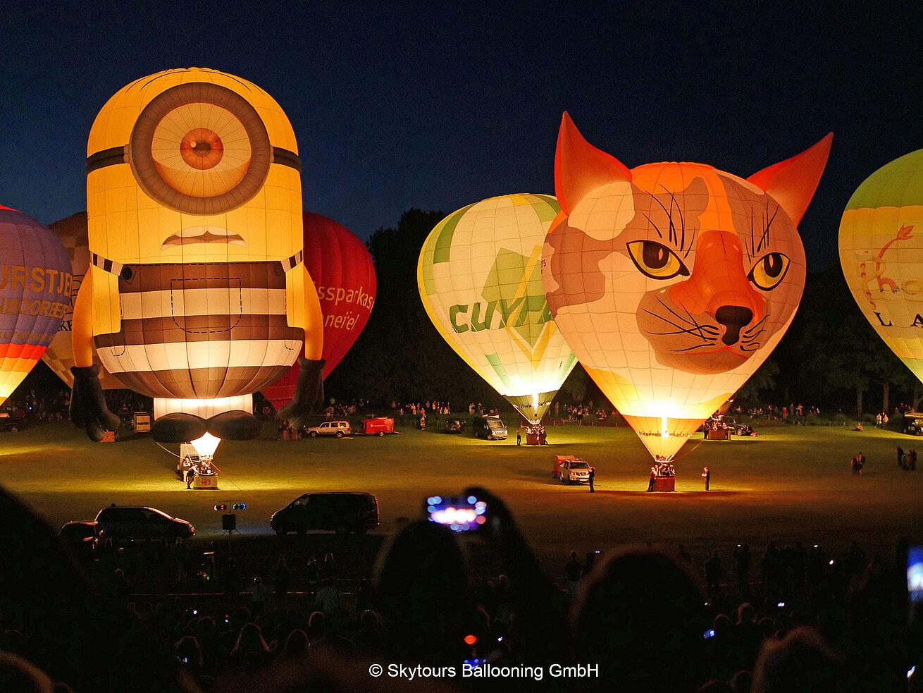 Balloon Festival Bonn Illuminated hot air balloons during a night glow event with spectators