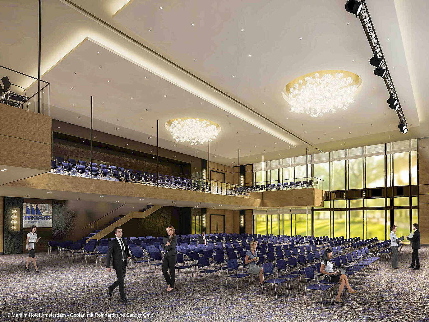 Modern conference hall at Maritim Hotel Amsterdam with glass front and gallery