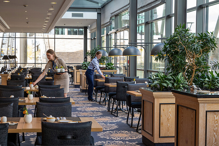 Bright interior of Restaurant Wintergarten at Maritim Hotel Dresden with large windows and elegantly set tables.