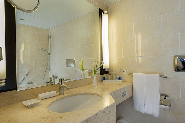 Modern bathroom at Maritim Hotel Fulda with marble sink, large mirror, and walk-in shower.