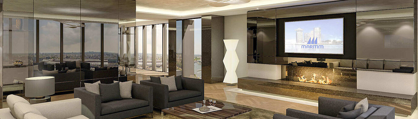 Elegant lounge at Maritim Hotel Amsterdam with fireplace and panoramic view