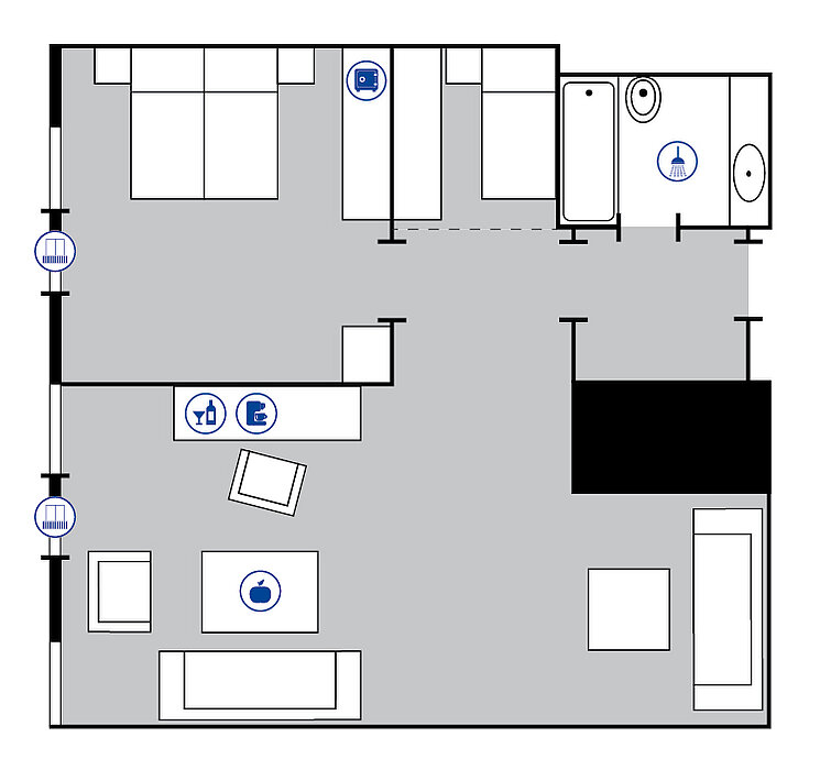 Room floor plan Juniorsuite Plus Room floor plan junior suite plus in the Maritim Hotel Bellevue Kiel