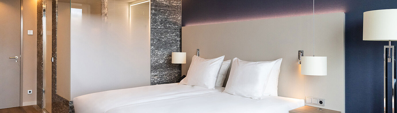 Bright twin room with modern interior in Maritim Hotel Amsterdam and glass bathroom