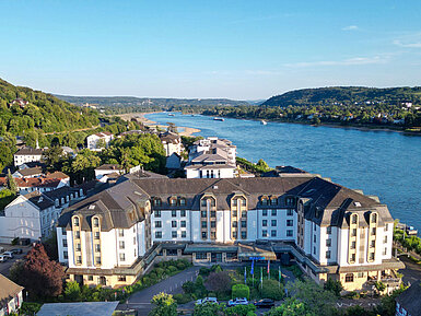 Exterior view of Maritim Hotel Königswinter overlooking the River Rhine, the Rhine Valley and surrounding vineyards.