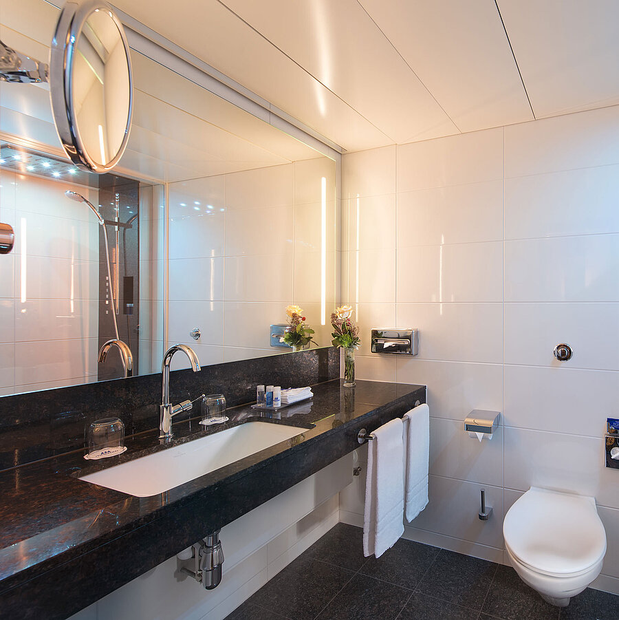 Bathroom Spacious bathroom with shower, toilet, mirror and granite sink at the Maritim Hotel Stuttgart
