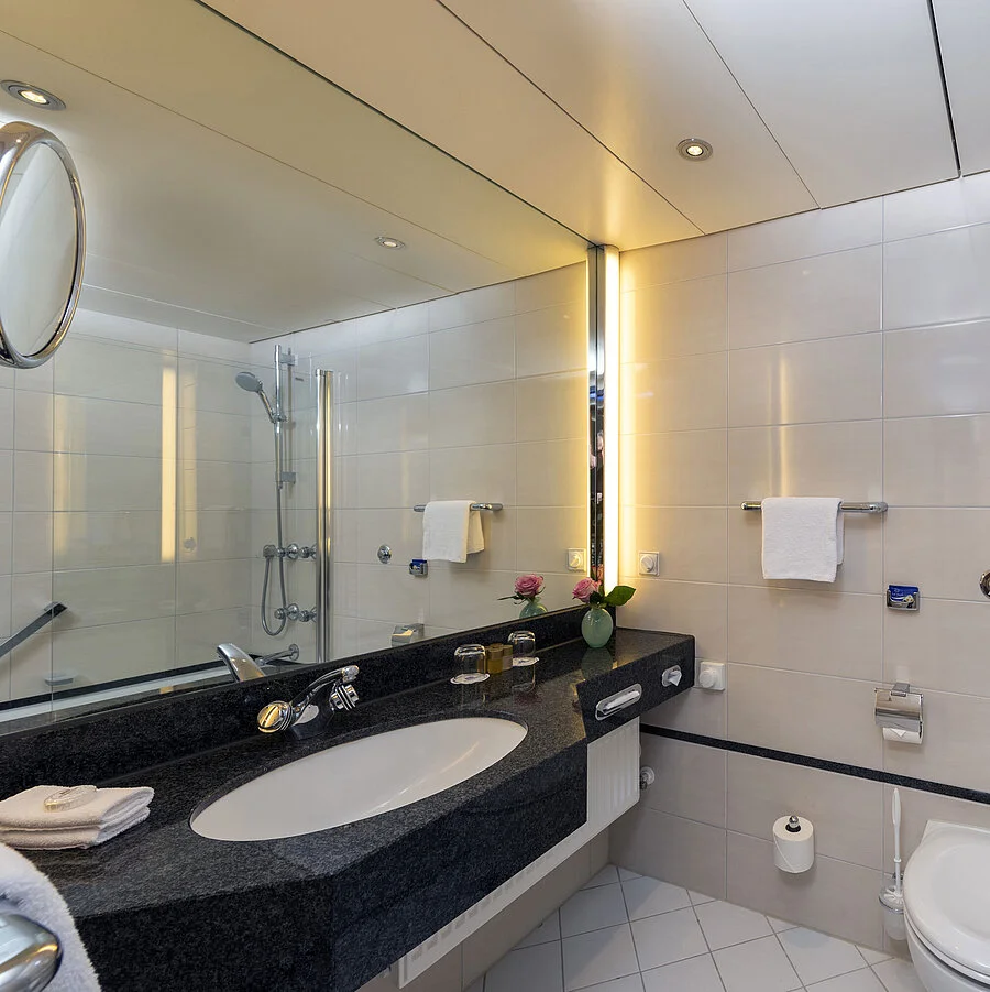 Bathroom Modern bathroom at Maritim Hotel Frankfurt with large mirror, stylish sink, and shower-bathtub.