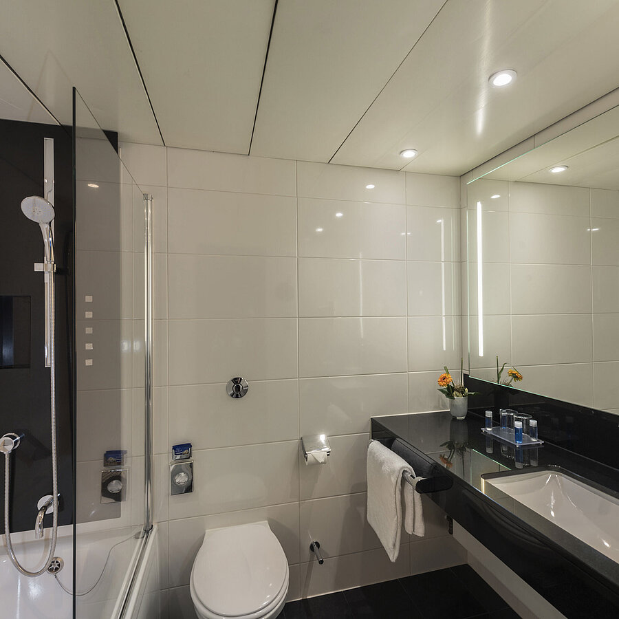 Modern bathroom with large shower, stylish sink, and premium fittings at Maritim Hotel Königswinter.