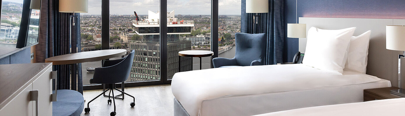 Modern twin room in Maritim Hotel Amsterdam with panoramic city and river view