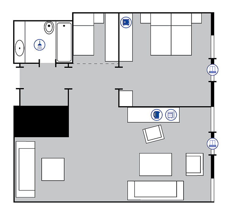 Room floor plan Comfort Plus Room floor plan Comfort Plus room at the Maritim Hotel Bellevue Kiel