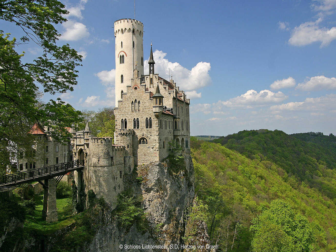 Lichtenstein Castle Lichtenstein Castle perched on a rocky cliff above the Echaz Valley, surrounded by Swabian Jura woodland.